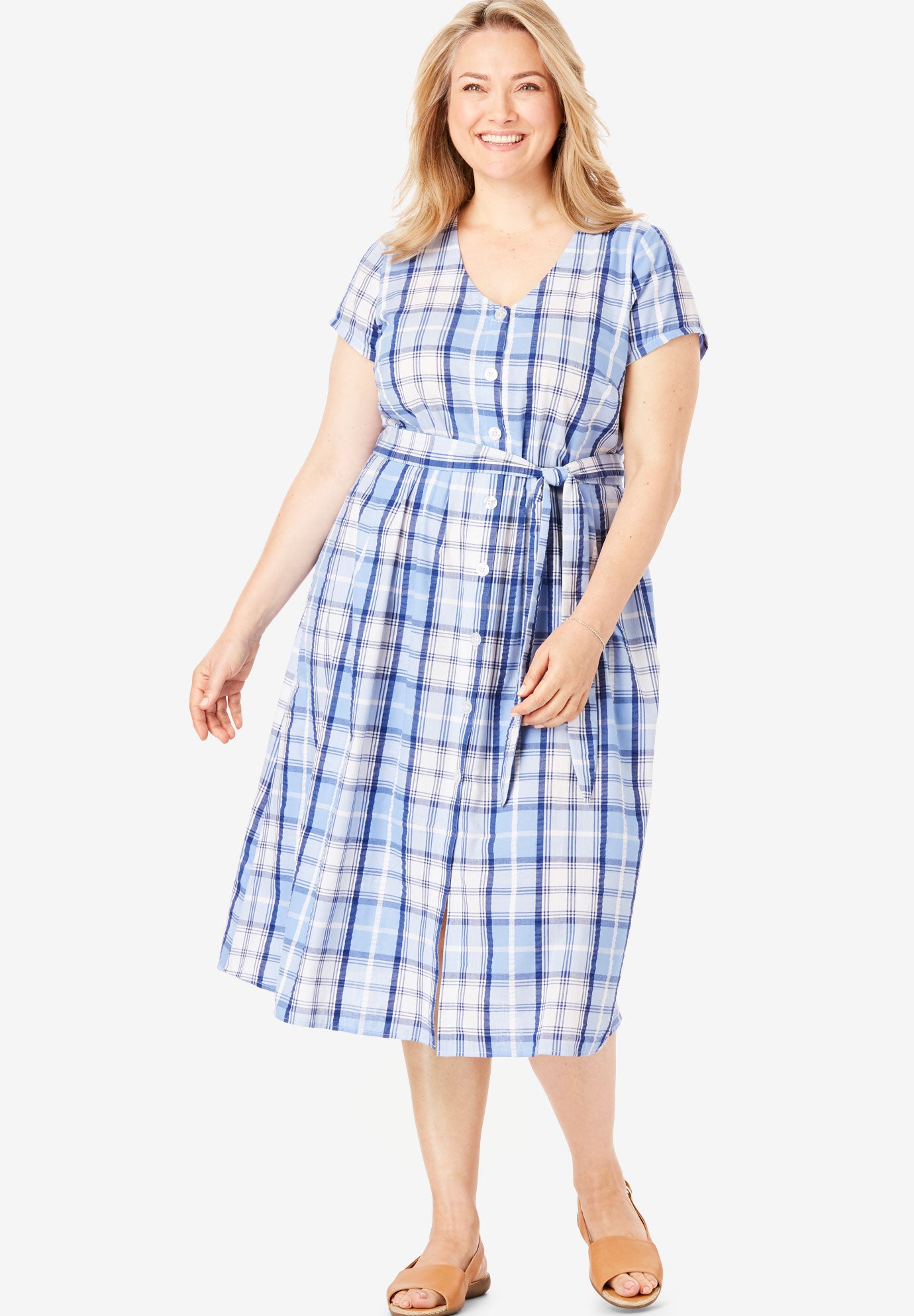 Short Sleeve Seersucker Button-Front Dress| Plus Size ...