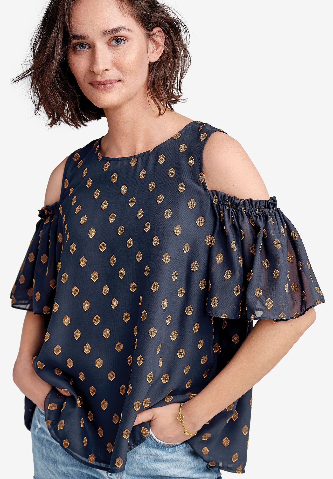 ColdShoulder Sheer Sleeve Blouse by ellos® Fullbeauty Outlet