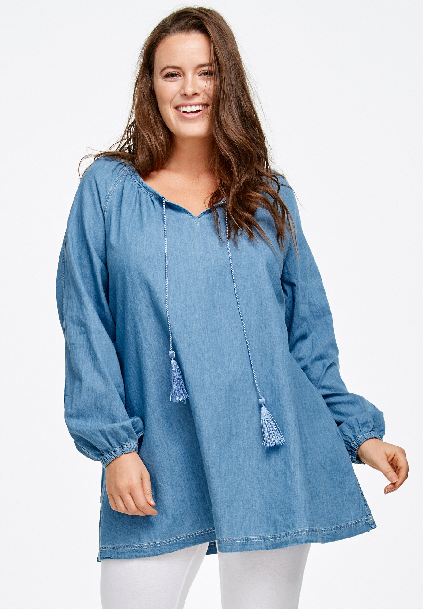 Denim Peasant Tunic by ellos® | Fullbeauty Outlet