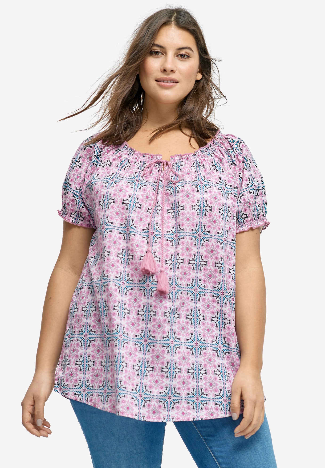 Ruffle Trim Peasant Blouse by ellos®| Plus Size Short Sleeve | Full Beauty