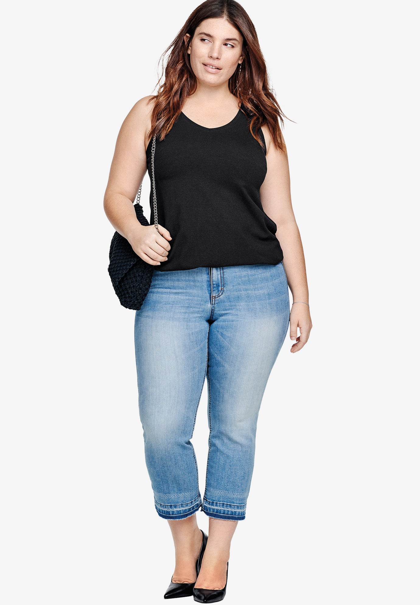 Cropped Frayed Hem Stretch Jeans by ellos® Fullbeauty Outlet