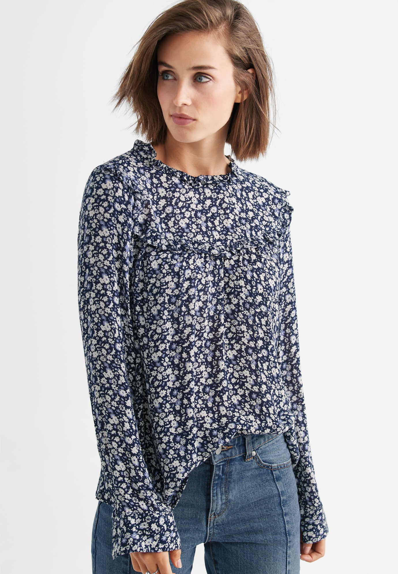 Ruffle-Trim Crinkle Blouse by ellos®| Plus Size Shirts & Blouses ...