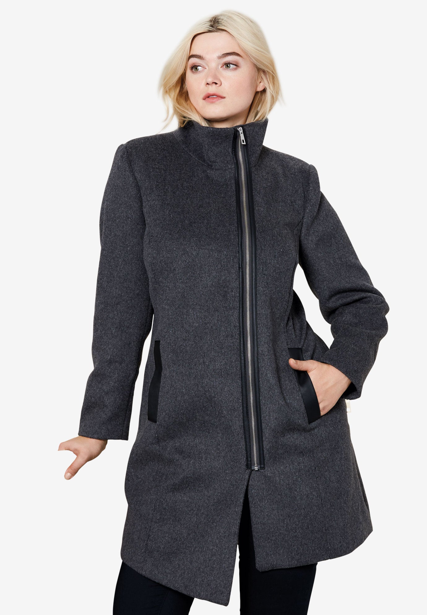 Asymmetrical Zip Wool Blend Coat by ellos® Plus Size Wool Coats