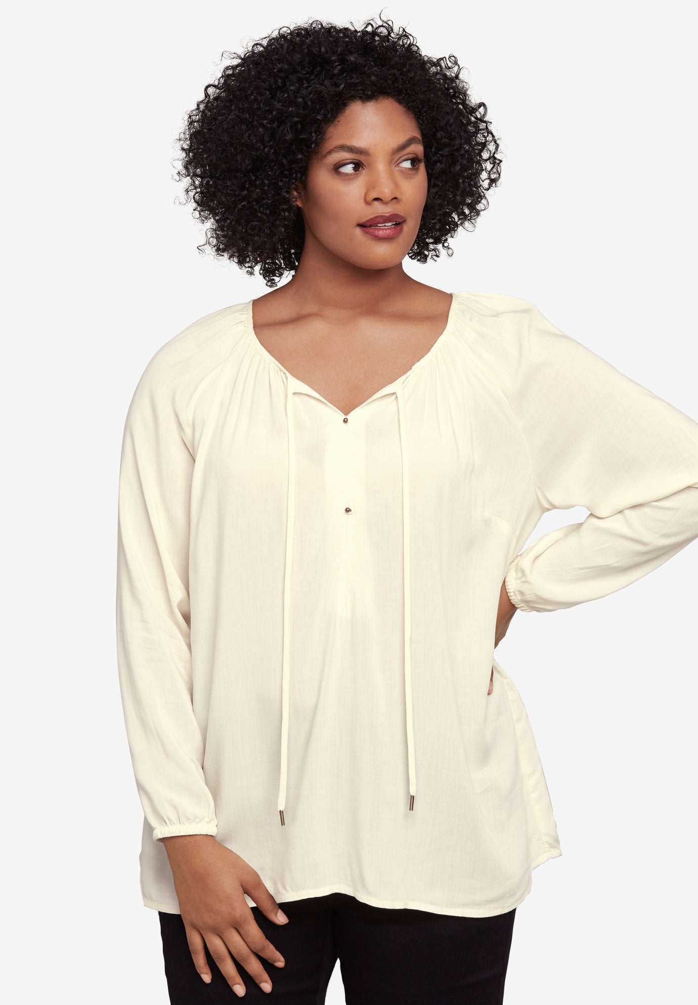 Tie Neck Peasant Tunic by ellos® Plus SizeTunics Fullbeauty